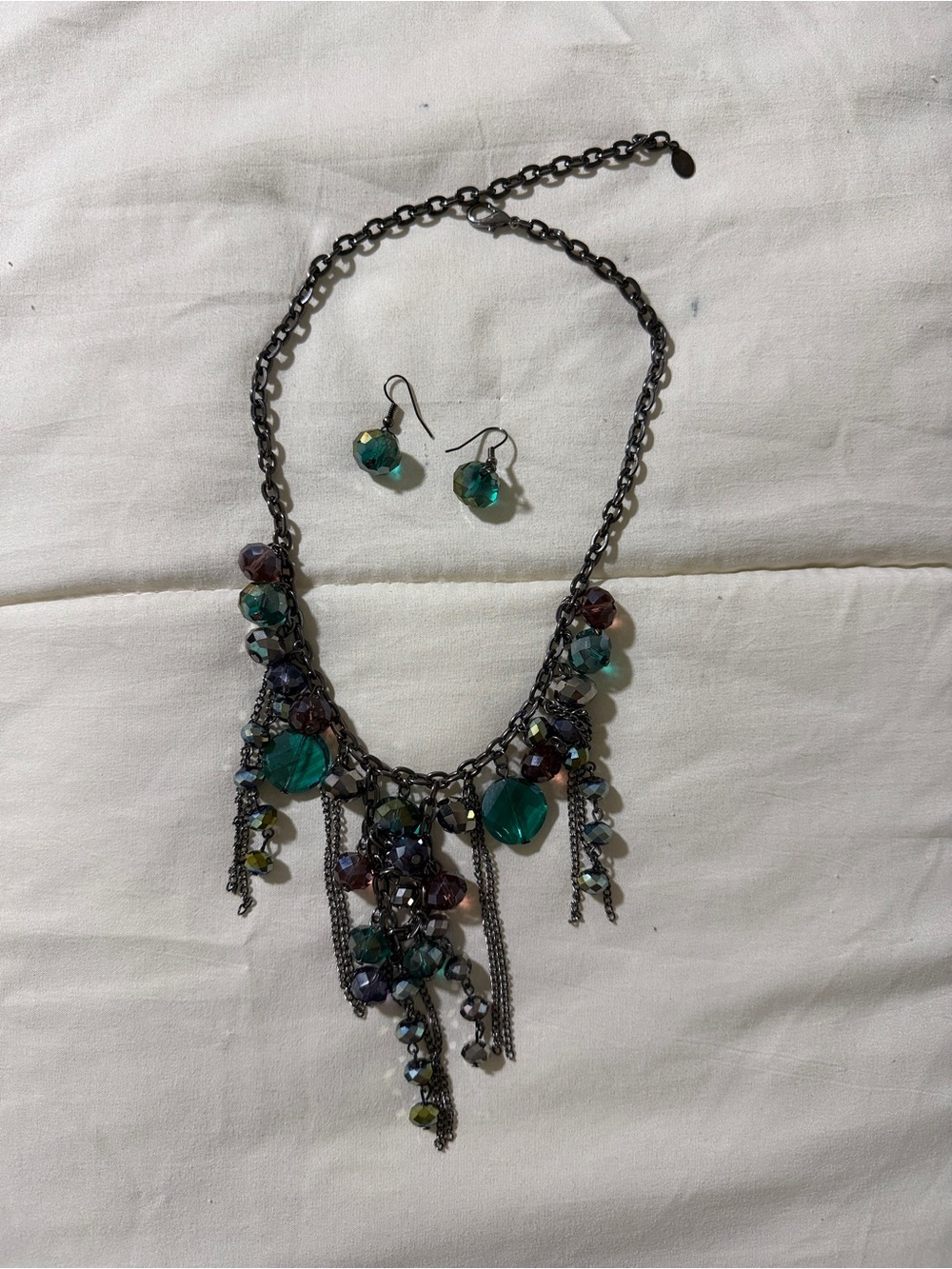 JS Collections Fringe Teal Crystal Bib Necklace with Matching Earrings
